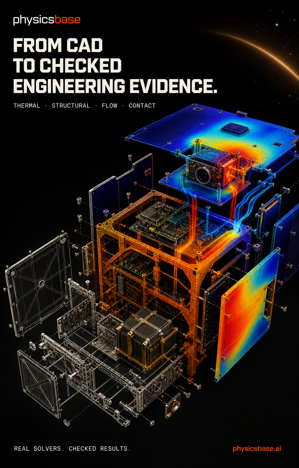 Exploded satellite avionics assembly with CAD, mesh and thermal simulation layers